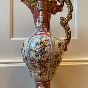 Vintage Ornate Floral Ceramic Pitcher in Rose and Cream